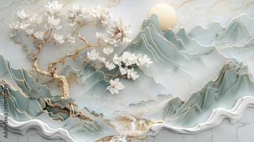 3D wallpaper with a white tree and golden leaves, a marble background with a landscape.