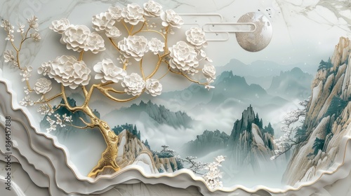 3D wallpaper with a white tree and golden leaves, a marble background with a landscape.