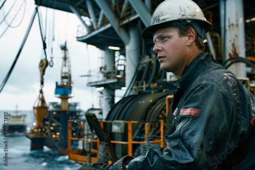 Worker in Coveralls and Hard Hat Overlooking Offshore Oil Rig During Sunset