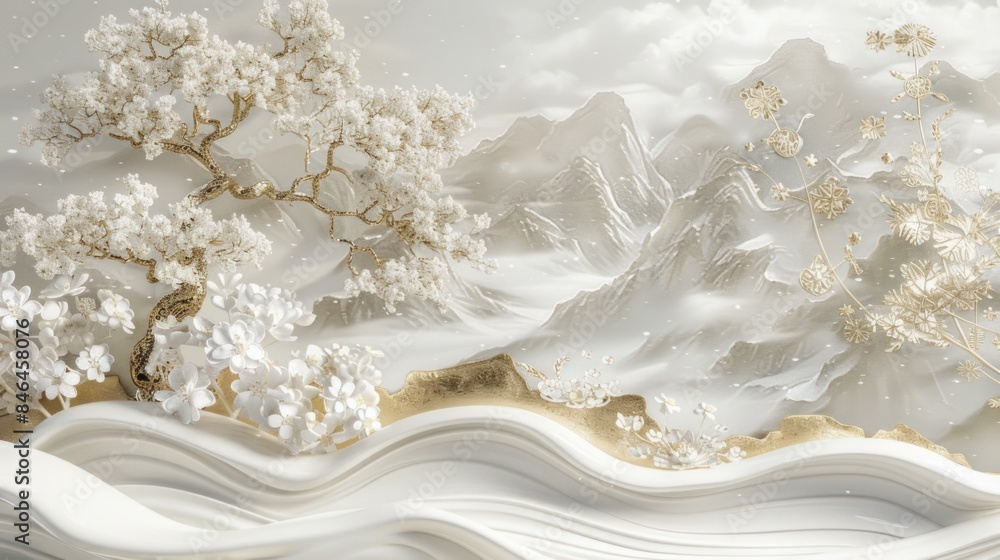 3D wallpaper with a white tree and golden leaves, a marble background with a landscape. 3D wallpaper with a white tree and golden leaves, a marble background with a landscape.