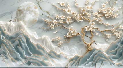 3D wallpaper with a white tree and golden leaves, a marble background with a landscape.