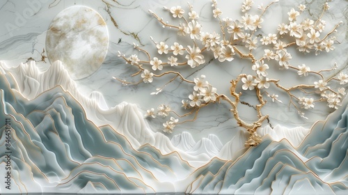 3D wallpaper with a white tree and golden leaves, a marble background with a landscape.