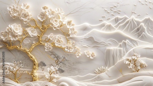 3D wallpaper with a white tree and golden leaves, a marble background with a landscape.