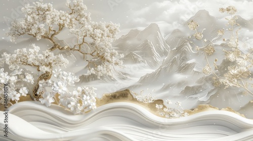 3D wallpaper with a white tree and golden leaves, a marble background with a landscape.