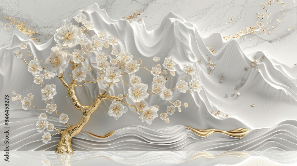 3D wallpaper with a white tree and golden leaves, a marble background with a landscape. 3D wallpaper with a white tree and golden leaves, a marble background with a landscape.