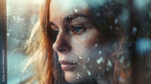 A red-haired woman looks out a frosty window, bathed in cool light, with a reflective and wistful expression, surrounded by snowflakes on the glass. © VK Studio