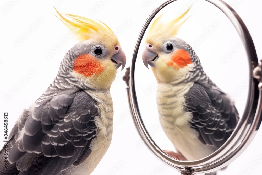 Cockatiel's Mirror Interaction: Showcase a Cockatiel interacting with its reflection in a mirror. photo on white isolated background