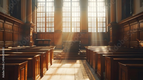An empty courtroom with wooden pews and a judge's bench, bathed in warm light from the windows, creating an atmosphere of anticipation for someone to be brought before them. photo