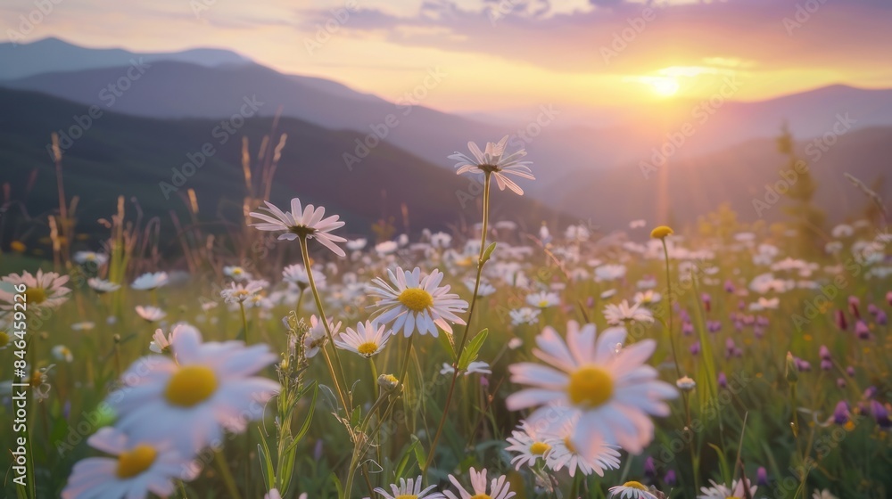 Daisies in the mountains at sunset, spring landscape with green meadow and blue sky.