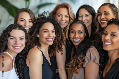 A group of diverse women stand together, smiling confidently at the camera during a commercial photography shoot. They are happy and radiant after undergoing dermatological procedures © Ilia Nesolenyi