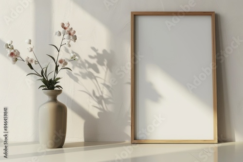 Black frame mockup with white background on the wall side table with vase and dried flowers.