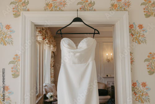 White bridal gown on a hanger hangs in a doorway photo