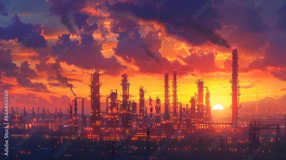 An industrial oil and gas plant at sunset with beautiful sky, with silhouettes of tall towers and structures in the background. by warm sunlight casting long shadows over the complex machinery. An industrial oil and gas plant at sunset with beautiful sky, with silhouettes of tall towers and structures in the background. by warm sunlight casting long shadows over the complex machinery.