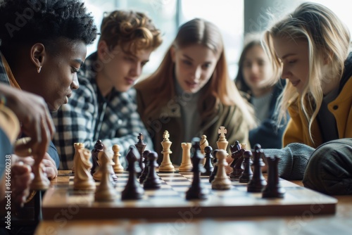 A group of friends are gathered around a chessboard, deeply focused on strategizing their moves during a game
