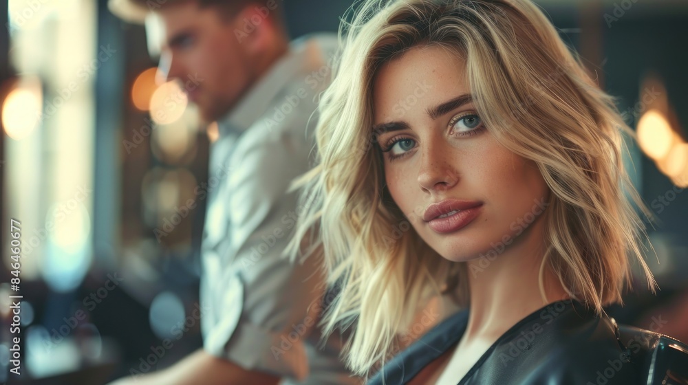 A blonde woman with shoulder length hair in the salon. A blonde woman with shoulder length hair in the salon.