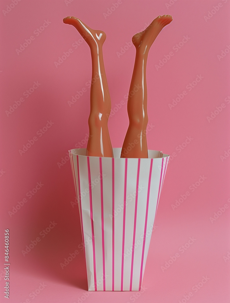 A pair of mannequin legs emerge from a striped popcorn box against a pink background. This whimsical and creative setup embodies a surreal and playful art concept. A pair of mannequin legs emerge from a striped popcorn box against a pink background. This whimsical and creative setup embodies a surreal and playful art concept.