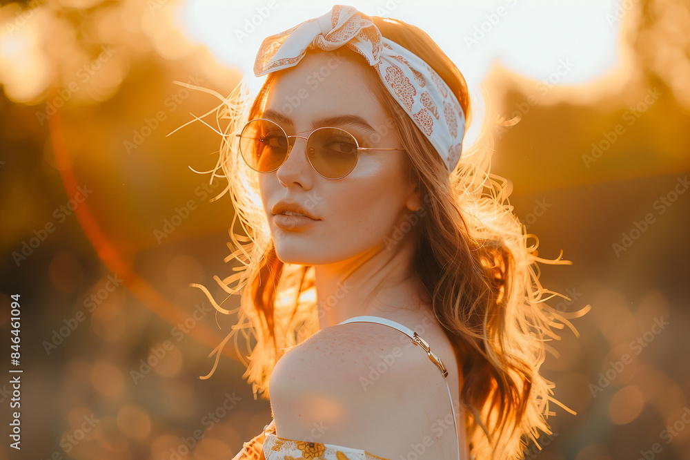 Φωτογραφία woman in floral dress wearing sunglasses and holding hands on hipster band