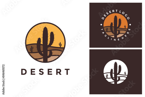 Desert Landscape logo element Mountain Peaks, Simple cactus mountain desert sunset logo design