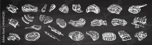 Set of hand-drawn sketches of different types of meat, steaks, ribs, chicken, kebabs, bacon, tenderloin, pork, beef, ham, barbecue. Vintage illustration on chalkboard background.