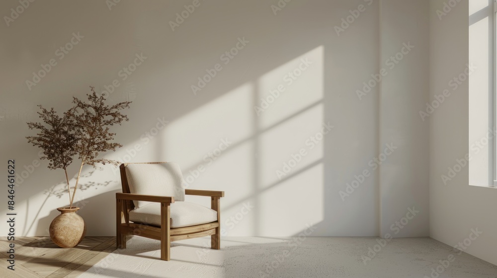 White wall mockup and a wooden armchair in the style of a minimal style living room. White wall mockup and a wooden armchair in the style of a minimal style living room.