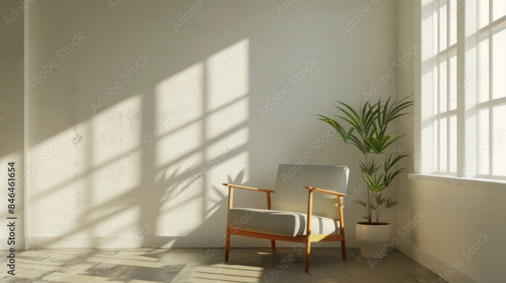 White wall mockup and a wooden armchair in the style of a minimal style living room. White wall mockup and a wooden armchair in the style of a minimal style living room.