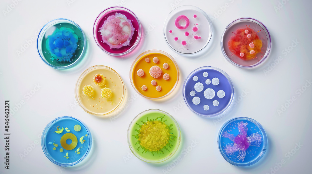 Petri dishes with a variety of vibrant, colorful substances fill the frame, showcasing the beauty of science and art combined. Petri dishes with a variety of vibrant, colorful substances fill the frame, showcasing the beauty of science and art combined.