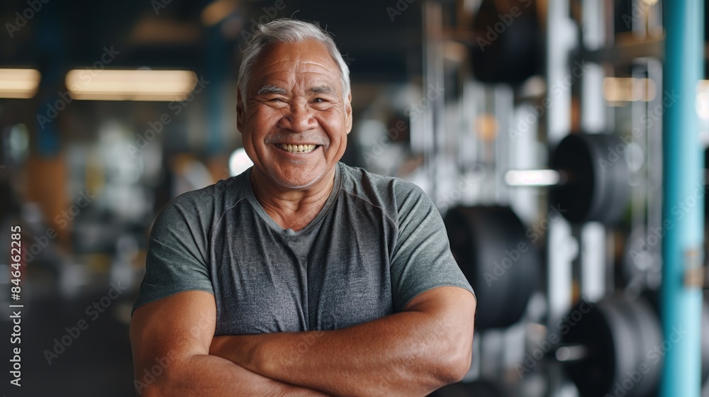Fototapeta premium Elderly Pacific Islander Male Fitness Trainer, Smiling in Gym Setting, Promoting Active Lifestyle and Senior Fitness, Ideal for Health, Wellness, and Exercise Designs