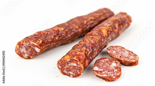 Delicious Spicy Salami Sausages on White Background, Generative AI photo