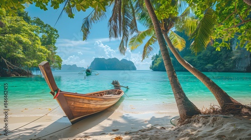 Beautiful tropical beach with palm trees and a wooden boat on the shore of an island in Thailand. showcasing crystal clear water, sandy beaches, blue sky, and sunlight shining through lush greenery.