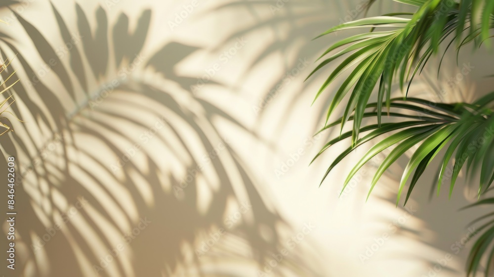 A blurred background of light beige wall with palm leaves shadow. A blurred background of light beige wall with palm leaves shadow.