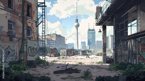 Berlin Alexanderplatz Construction Site with Berliner Fernsehturm Hand Drawn Sketch Illustration. © ThatWorksMedia