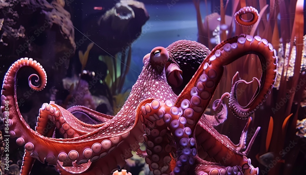 Fototapeta premium Exploring the Fascinating World of the Common Octopus in a Large Sea Water Aquarium