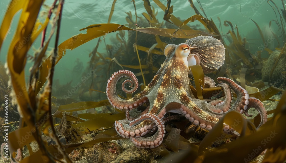 Obraz premium Masters of Disguise: The Common Octopus Blending In with Kelp on the Sea Floor