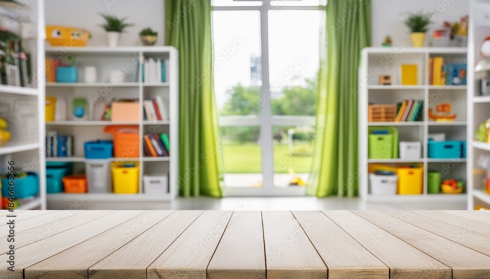 empty table with blurred children toy shelf and window background empty table with blurred children toy shelf and window background