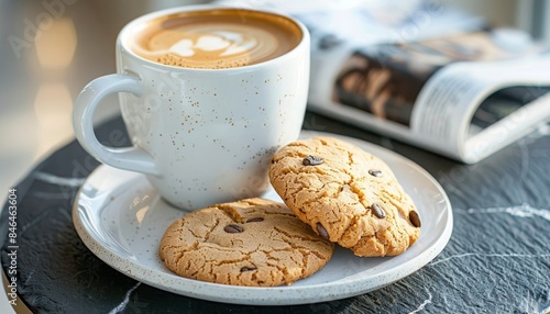 Warm and inviting scene with coffee, cookies, and a newspaper, perfect for relaxation photo