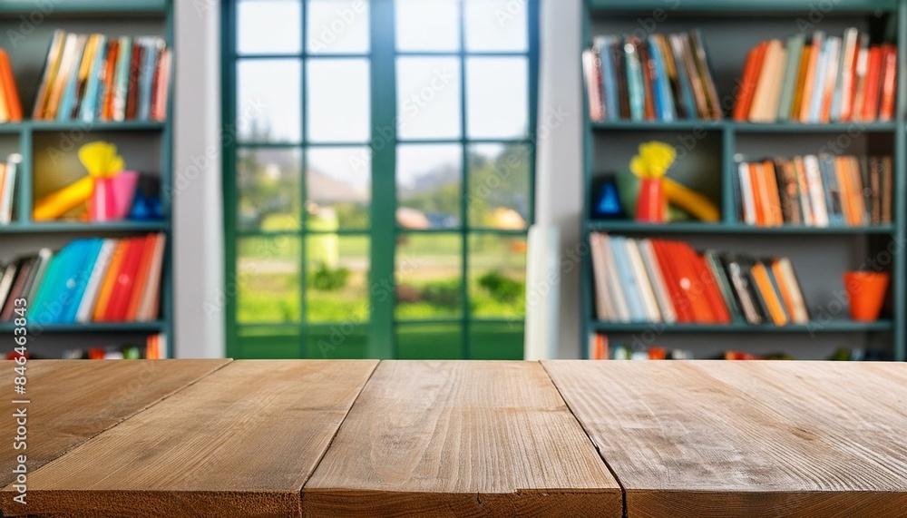empty table with blurred children toy shelf and window background empty table with blurred children toy shelf and window background