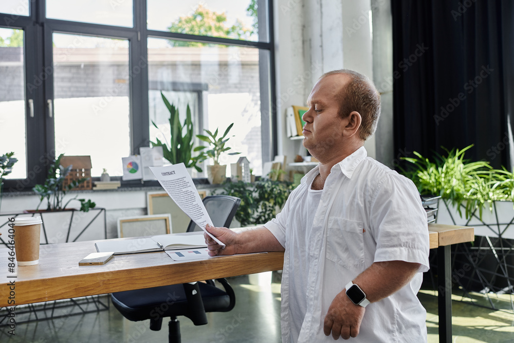 A man with inclusivity in a white shirt stands at a desk in a modern office, reviewing a document. A man with inclusivity in a white shirt stands at a desk in a modern office, reviewing a document.