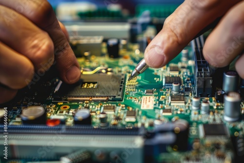 A close-up shot of an electronics technicians hands assembling a computer motherboard, showcasing the intricate details and technological precision involved in the process