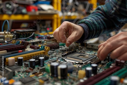 A close-up shot of an electronics technician meticulously assembling a computer motherboard, showcasing the precision and detail involved in the process