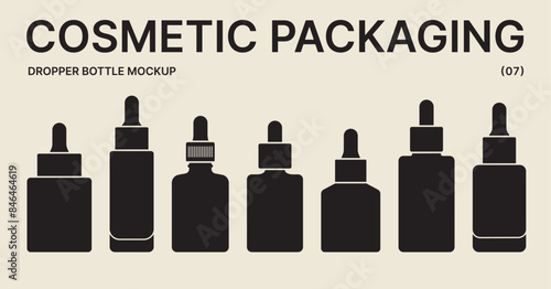 Set of cosmetic vials with a dropper cap isolated on a light background. Black silhouete of botles for serum or lotion. Packaging mockup for essence or cosmetic oil. Face and body care products.