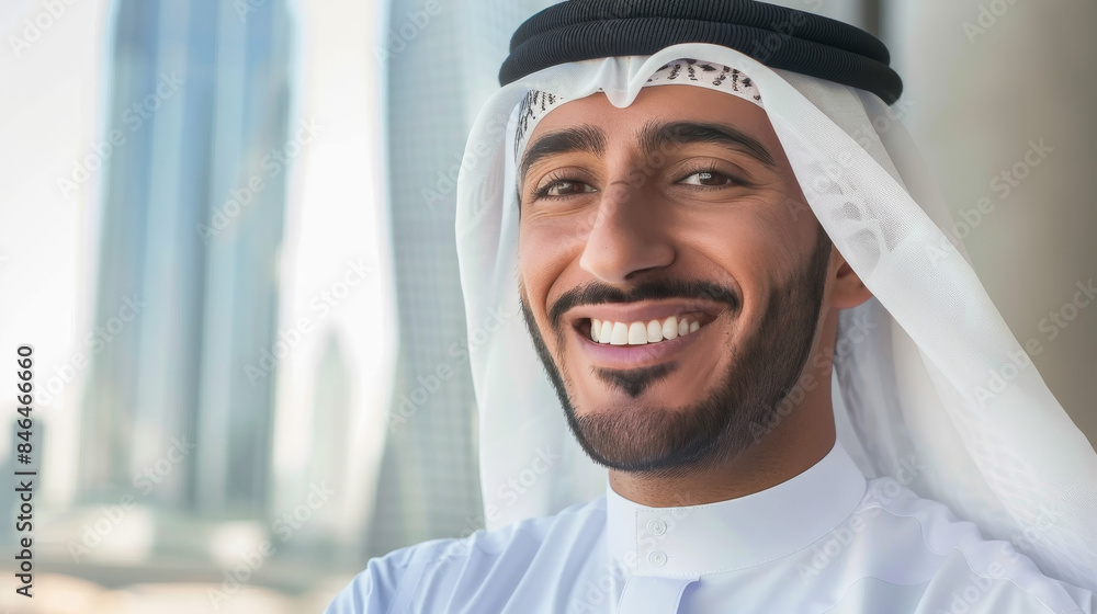 A man in traditional Middle Eastern attire smiles confidently, standing against a backdrop of modern skyscrapers, bridging cultural heritage and contemporary lifestyle. A man in traditional Middle Eastern attire smiles confidently, standing against a backdrop of modern skyscrapers, bridging cultural heritage and contemporary lifestyle.