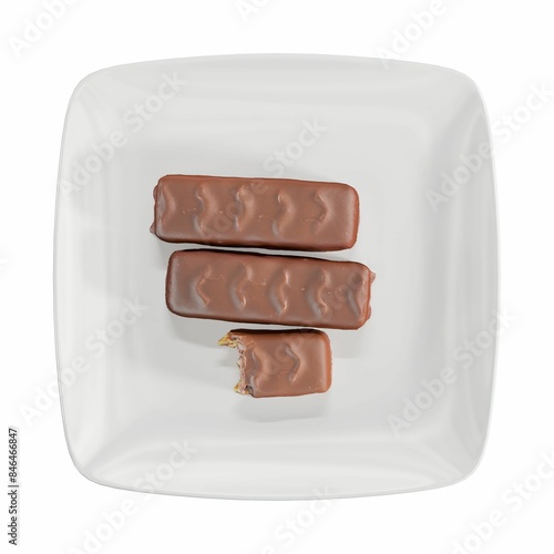 Shot o fthree chocolate bars on a plate against a white backdrop photo