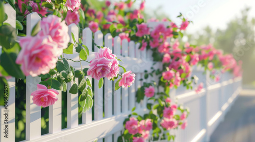 Bright pink roses cascade over a white picket fence, saturating the scene with vibrant color and evoking a sense of charming, bucolic perfection.