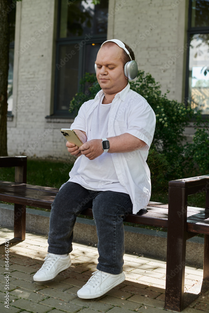 Obraz premium A man with inclusivity sits on a bench outdoors, wearing headphones and looking at his phone.