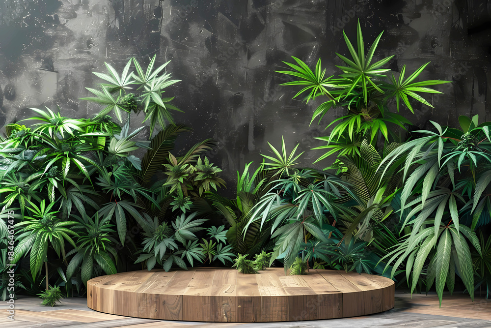 Podium with cannabis plants background. Generative ai. Podium with cannabis plants background. Generative ai.