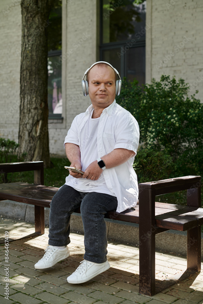 A man with inclusivity sits on a bench, headphones on, enjoying a peaceful moment outdoors. A man with inclusivity sits on a bench, headphones on, enjoying a peaceful moment outdoors.