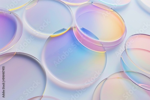 Abstract glass circles and shapes in pastel colors on white background