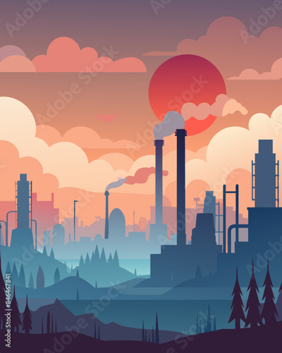 The hazy horizon obscured by the pollution from factories creating an artificial skyline in contrast to the natural beauty of the area.. Vector illustration