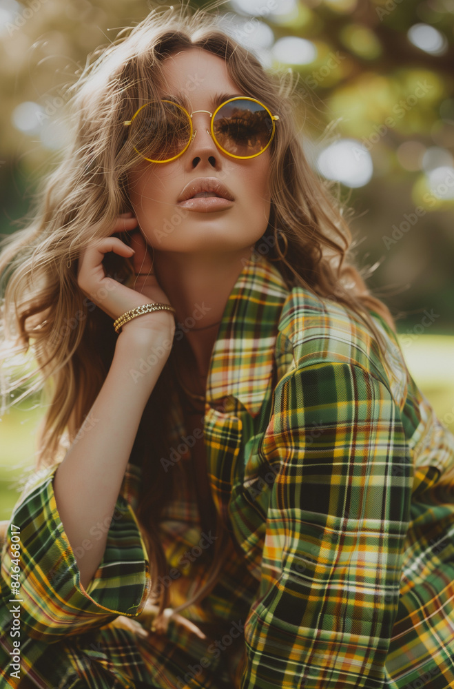 Fashionable woman in yellow sunglasses and a plaid shirt posing outdoors. Fashion summer concept. Fashionable woman in yellow sunglasses and a plaid shirt posing outdoors. Fashion summer concept.