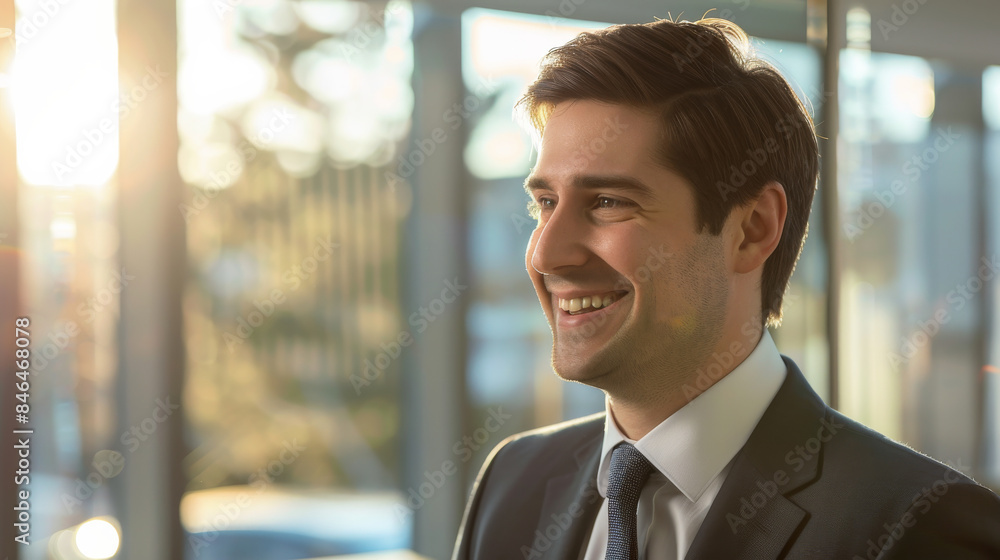 A confident man in a suit standing in a sunlit office, smiling warmly as light floods through the windows, capturing a moment of genuine positivity. A confident man in a suit standing in a sunlit office, smiling warmly as light floods through the windows, capturing a moment of genuine positivity.